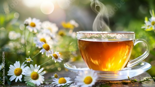 A steaming cup of chamomile tea, with a wisp of steam rising from the surface.