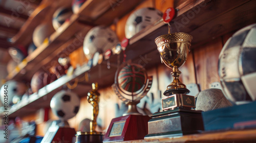 Shelf with sports awards, cups or medals, stand with sports equipment. Place for text photo