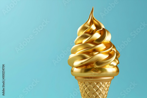 Golden soft serve in waffle cone on blue background, copy space. Artistic gold ice cream, creative ice cream concept. Metallic swirl ice cream on teal. Chic gold-foiled ice cream, minimalist style.