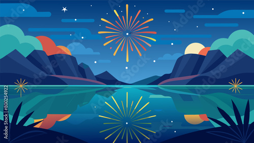 The tranquil beauty of a lake accentuated by the colorful sparks of fireworks reflecting on its peaceful waters a symbol of national pride.. Vector illustration