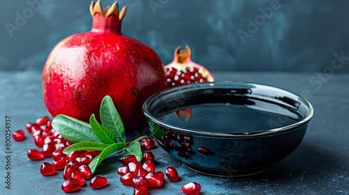 Glass bowl of pomegranate molasses with ripe fruit on table, pomegranate sour sauce photo