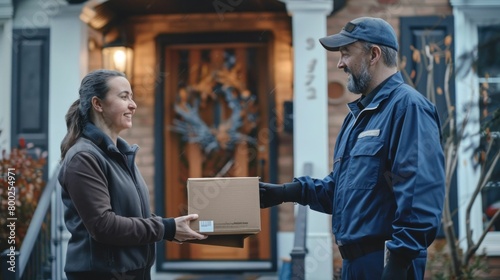 Delivery man handing package to woman in front of house with mailbox on sunny day