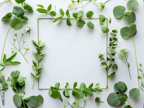 A square frame made of eucalyptus leaves and flowers around the edges  with white blank paper in the center on a light background