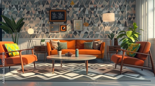 A mid-century modern living space with iconic furniture and geometric patterns 32k  full ultra hd  high resolution