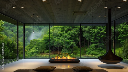 A minimalist living room with a suspended fireplace and panoramic forest view 32k, full ultra hd, high resolution