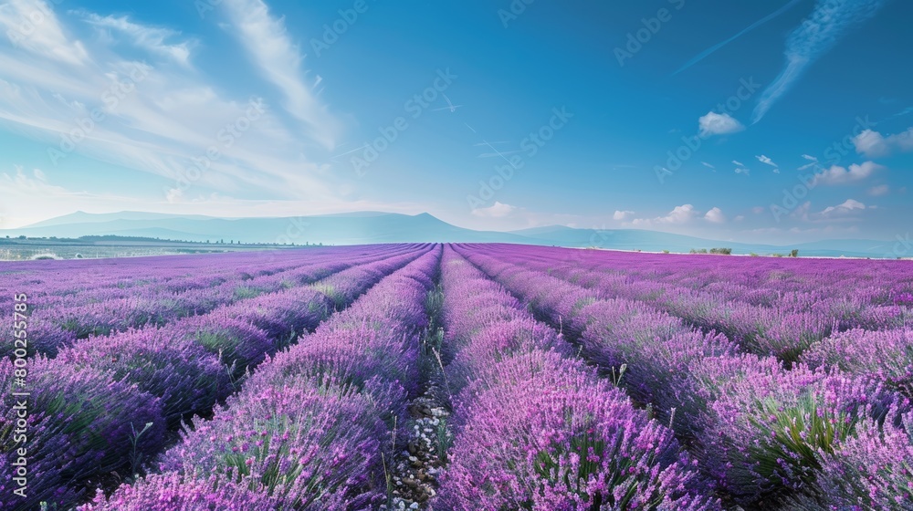 A vast expanse of purple lavender field stretching towards the horizon under a clear blue sky