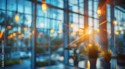 Blurred modern office - interior with panoramic windows and lamps