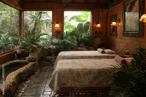 Couples Massage: A couple indulges in a relaxing massage at a luxurious spa, surrounded by the soothing scent of essential oils and the gentle sound of trickling water. Their stres photo