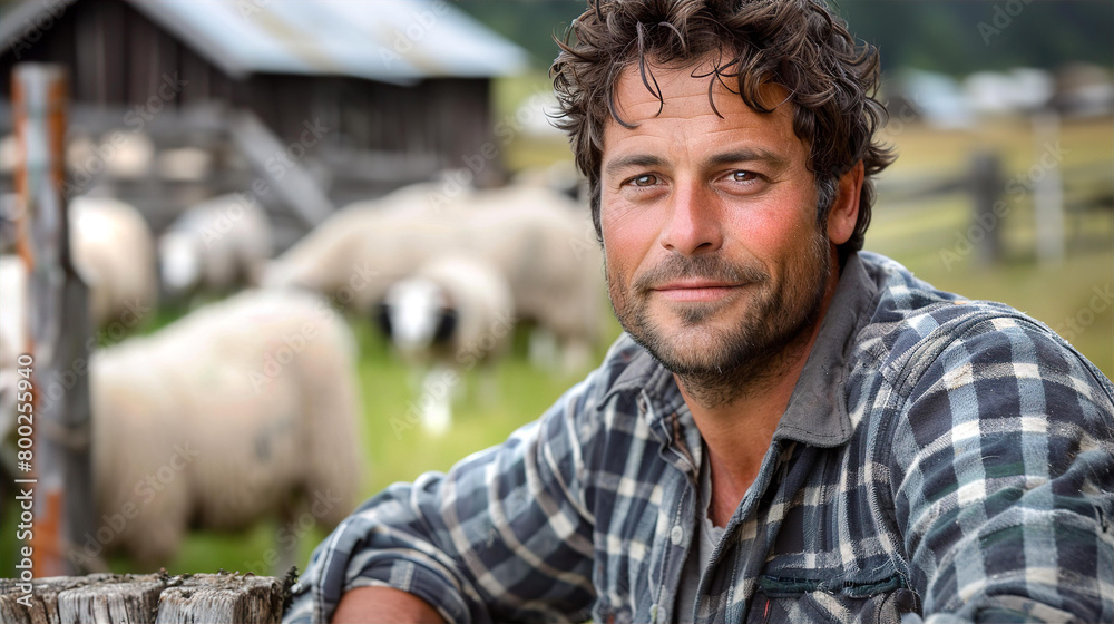 Attractive farmer with sheeps on country side landscape Attractive farmer with sheeps on country side landscape