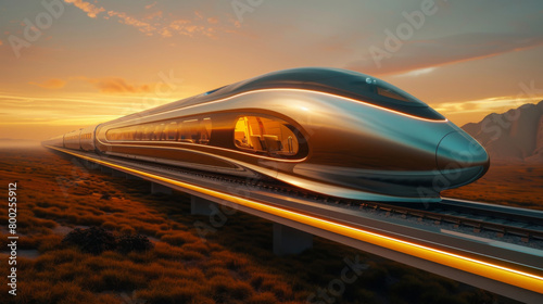 Futuristic high-speed train. Modern engineering and design. Sleek and aerodynamic, as it speeds along its elevated tracks. Design concept. photo