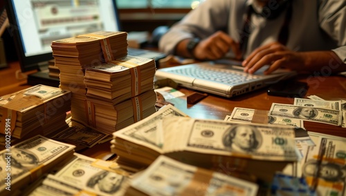 Businessman sitting at her desk with stacks of cash and holding dollar bills in her hands, working on her laptop computer near a stack of money banknotes
