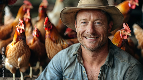 Farmer with chickens at the background posing for portrait and smile to camera 