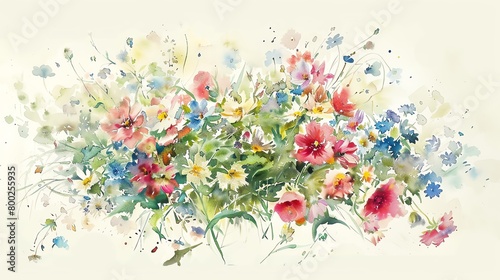 English garden flowers, watercolor illustration, gentle colors, scattered arrangement, overhead view