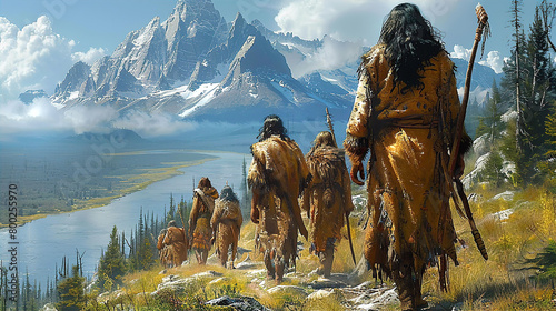 Group of neanderthal people walking by river photo