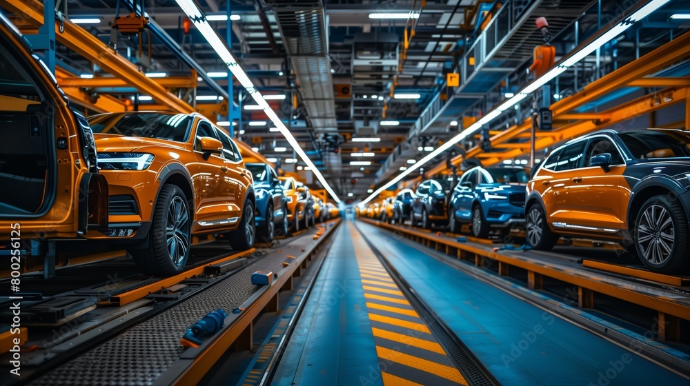 Car production line with cars in the assembly stage, blue and orange colors Car production line with cars in the assembly stage, blue and orange colors