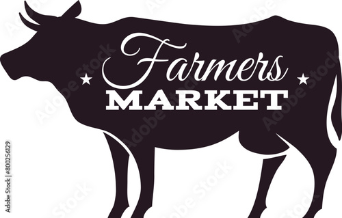 Butcher emblem. Farmers market. Meat shop logotype, cow black silhouette with lettering. Fresh products premium quality logo. Stamp and badge vintage design. Menu cover. Vector illustration