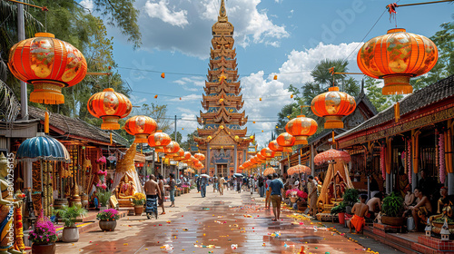Thailand festival celebration, street decorated with lanterns and flags with Buddhist temple at the background