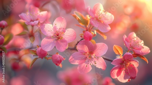 Tree branch with pink petals carrying small flowers in spring. Pink petals of small flower on tree branch. Tree in bloom in spring.