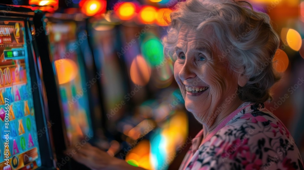 Elderly woman enjoying playing slot machine in front of vibrant colorful background at casino