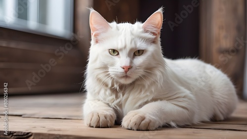 White feline on a wooden surface