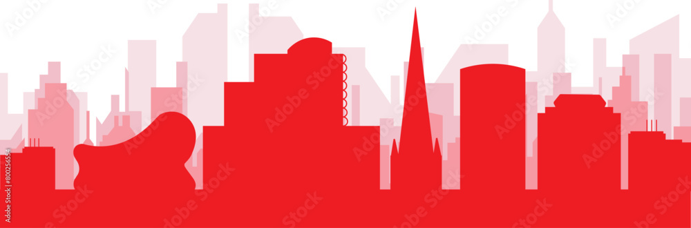 Red panoramic city skyline poster with reddish misty transparent background buildings of BIRMINGHAM, UNITED KINGDOM Red panoramic city skyline poster with reddish misty transparent background buildings of BIRMINGHAM, UNITED KINGDOM