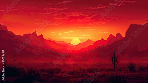 Red sunset over the desert with mountains and cactus in the foreground.