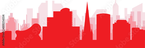 Red panoramic city skyline poster with reddish misty transparent background buildings of BIRMINGHAM, UNITED KINGDOM