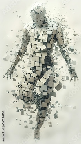 The image is a black and white sketch of a person. The person is made up of small squares. The person is standing with their arms outstretched. The image is simple and elegant.