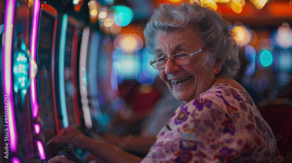 Elderly woman enjoying playing a slot machine in a casino room with neon lights and smiling