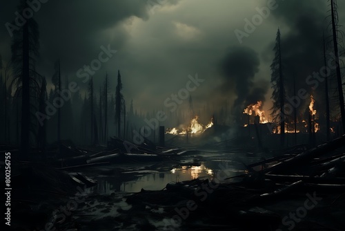 The forest was burned to the point of blackness. Clouds of smoke rose into the sky. Turn the river black. Generative Ai