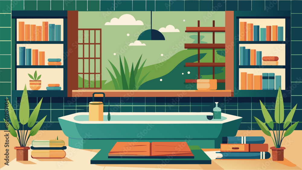 A modern Japanesestyle bath with a builtin wooden bench surrounded by potted bamboo plants and shelves of natureinspired books.. A modern Japanesestyle bath with a builtin wooden bench surrounded by potted bamboo plants and shelves of natureinspired books..