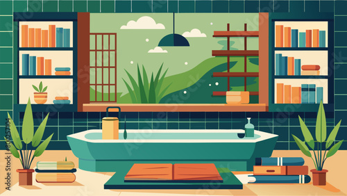 A modern Japanesestyle bath with a builtin wooden bench surrounded by potted bamboo plants and shelves of natureinspired books.. photo