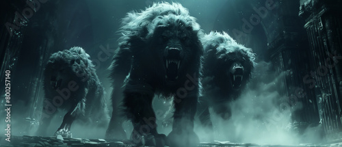 Cerberus, the three-headed hound of Hades, guarding the gates of the underworld, his fur bristling with shadows photo