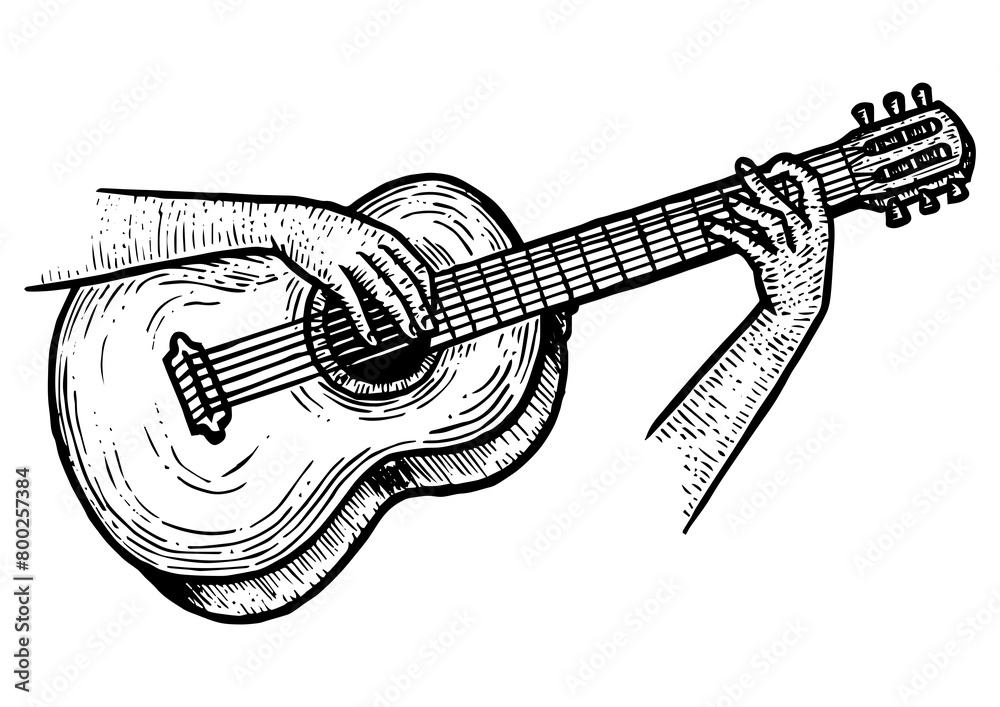 Hands playing acoustic guitar string instrument sketch engraving PNG illustration. Scratch board style imitation. Black and white hand drawn image. Hands playing acoustic guitar string instrument sketch engraving PNG illustration. Scratch board style imitation. Black and white hand drawn image.