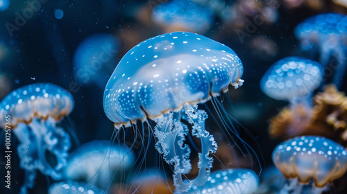 Jellyfish in ocean water. Aquatic marine life. Colorful, glowing, drifting. Tentacles.  © steve