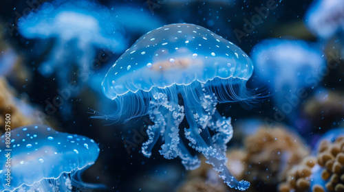 Jellyfish in ocean water. Aquatic marine life. Colorful, glowing, drifting. Tentacles. 