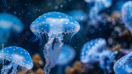 Jellyfish in ocean water. Aquatic marine life. Colorful, glowing, drifting. Tentacles. 