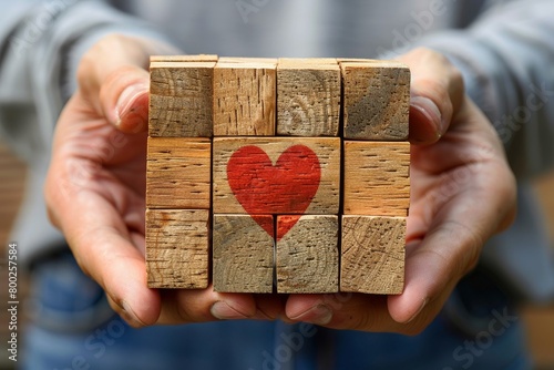 A set of wooden blocks forming a puzzle, the completed image showing a happy customer with a heart, symbolizing love for the brand fostered through excellent service, isolated background for text