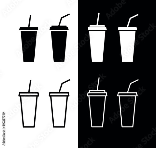 Collection of icons of a glass with a straw for a cold drink. Fast food or cafe symbol. Cold drink, lemonade or cola designation for menu.