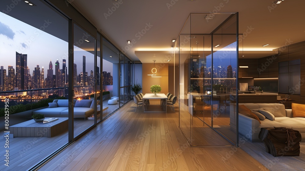 A sleek, open-concept apartment with a glass partition and cityscape view 32k, full ultra hd, high resolution