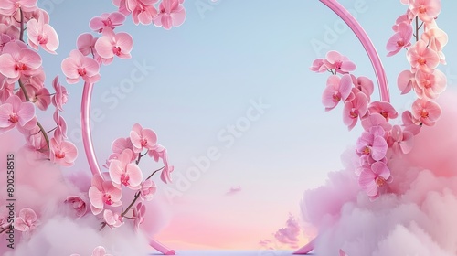 Orchid archway elevates elegant product display podium in enchanting twilight setting