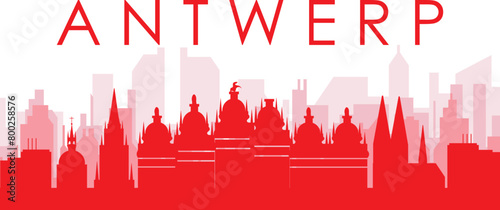 Red panoramic city skyline poster with reddish misty transparent background buildings of ANTWERP  BELGIUM
