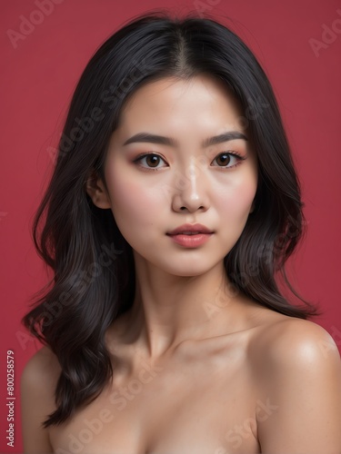 plain red background close-up portrait portrait of asian beautiful woman from Generative AI