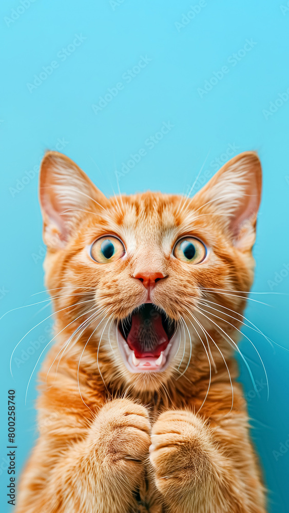 Obraz premium Funny ginger cat with a surprised expression on a blue background. A shocked tabby cat with its mouth open. Funny animals concept.