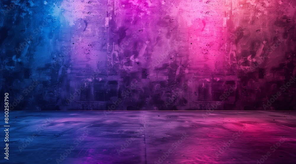 Empty concrete floor and wall background with neon light in purple, pink and blue colors.