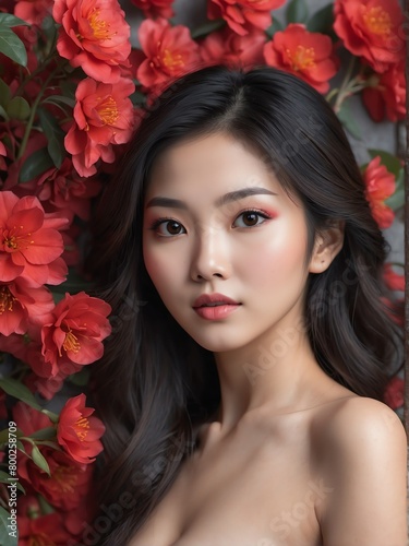 red flowers background close-up portrait portrait of asian beautiful woman from Generative AI