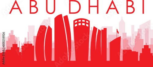Red panoramic city skyline poster with reddish misty transparent background buildings of ABU DHABI, UNITED ARAB EMIRATES