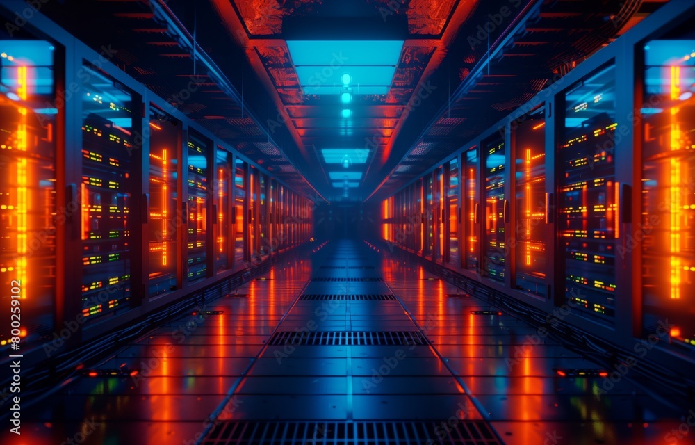 Futuristic high-tech computer server room with rows of digital screens