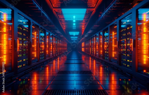 Futuristic high-tech computer server room with rows of digital screens