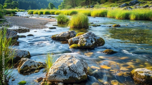 river with rocks and grass in the water generative ai